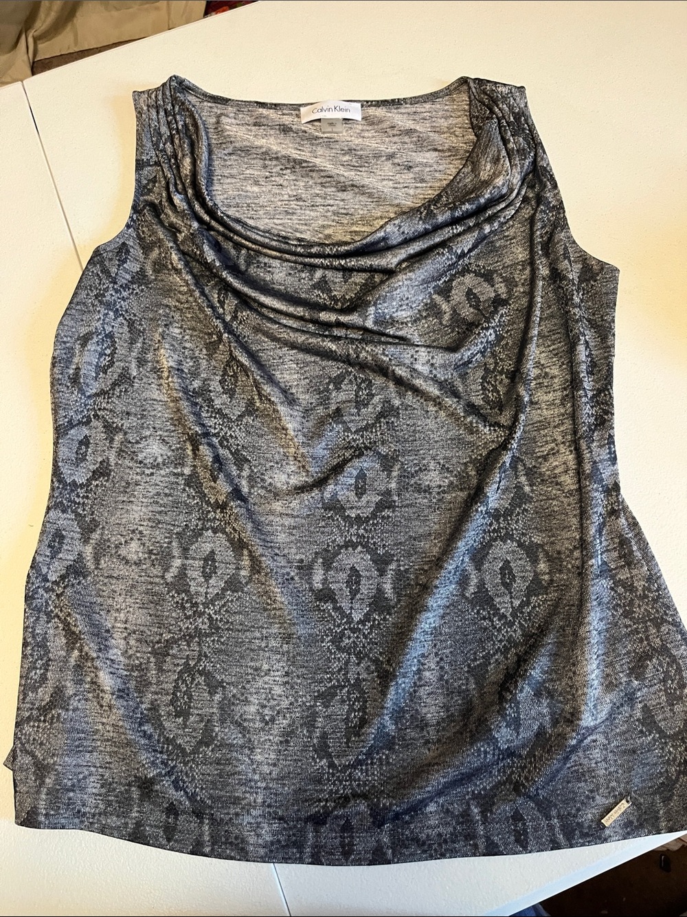 Calvin Klein Gray Patterned Cowl Neck Sleeveless Top